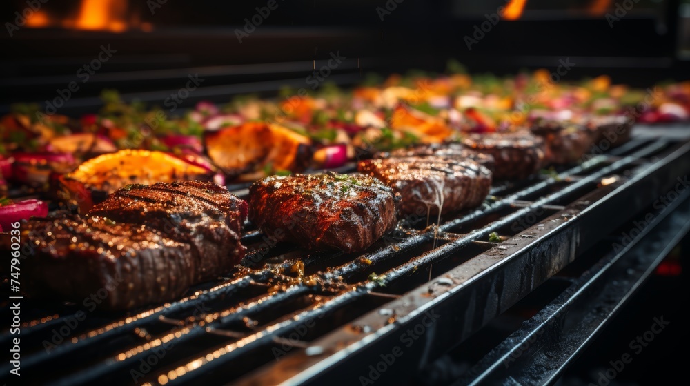 Summer barbecue gathering at sunset with grilled vegetables and juicy meat on the grill