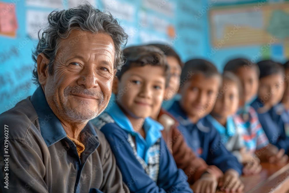 Senior Teacher with Smiling Students in Classroom Environment, Educational Concept Senior Teacher with Smiling Students in Classroom Environment, Educational Concept