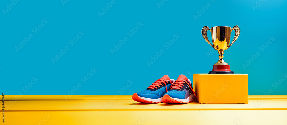 trophée en or posé à côté de chaussures de course bleues et oranges - obrazy, fototapety, plakaty 