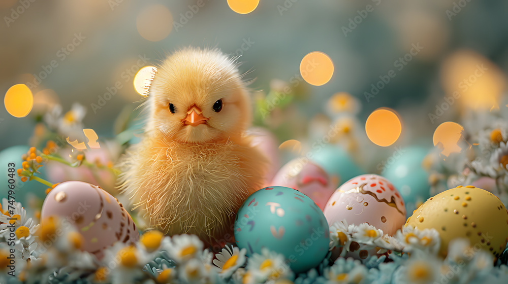 A cute chick sculpture, with colorful Easter eggs as the background, during a festive Easter brunch