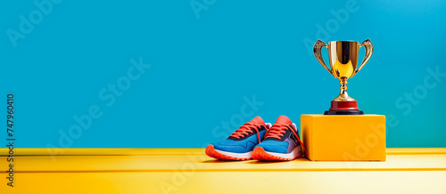 trophée en or posé à côté de chaussures de course bleues et oranges