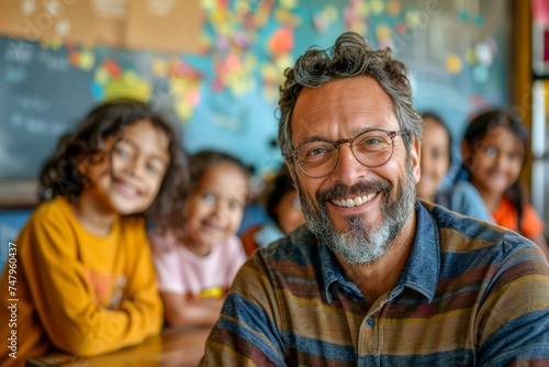 Smiling Male Teacher with Diverse Group of Happy Children in Classroom Setting