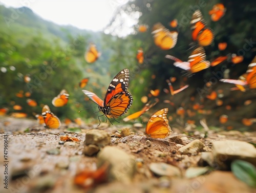 Group of colorful butterflies flying in the forest