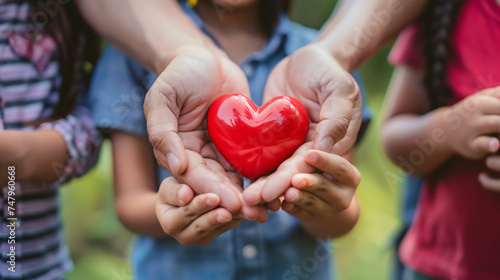 Family Holding Red Heart on Hands Health Theme