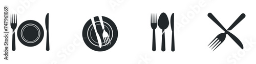 Fork, knife, plate and spoon. Menu symbol. Restaurant icon. Food, plate, fork, knife, spoon, cutlery icon set. Vector