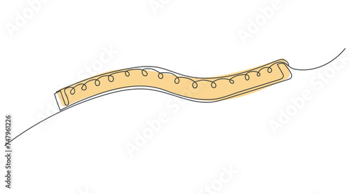 Roulette in one line drawing style. A flexible yellow ruler with a black outline on a white background. Vector illustration for waist measurement.