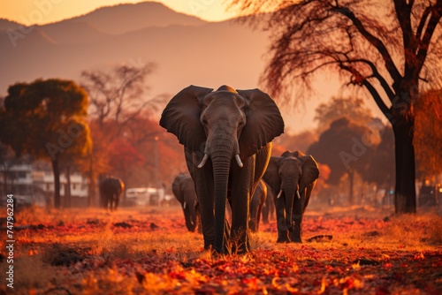 A herd of elephants walking across a dry grass field at sunset with the sun in the background and a few trees in the foreground