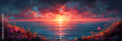 Painting of Sun Setting over Body of Water, unset over the ocean photo