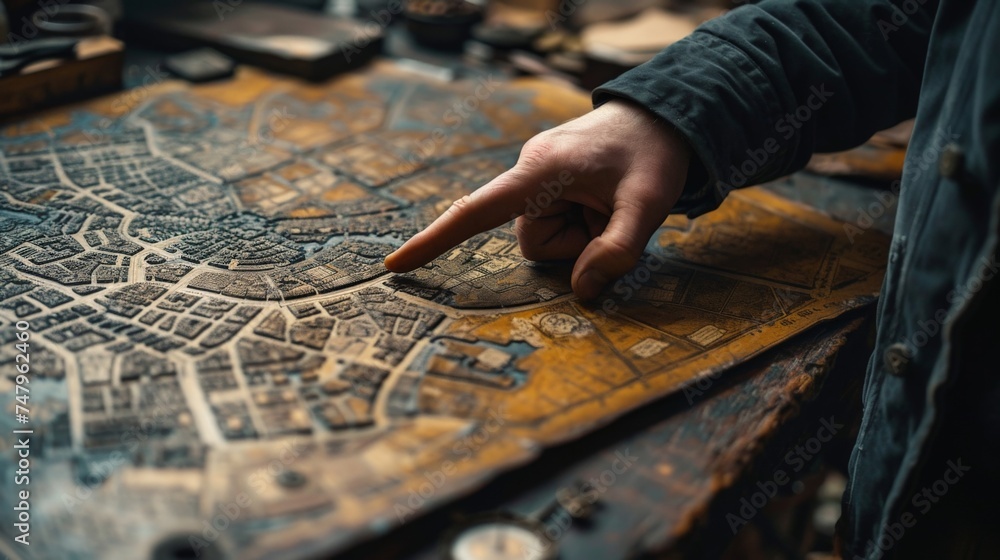 Person pointing at map of city on piece of paper to plan route and explore urban area Person pointing at map of city on piece of paper to plan route and explore urban area