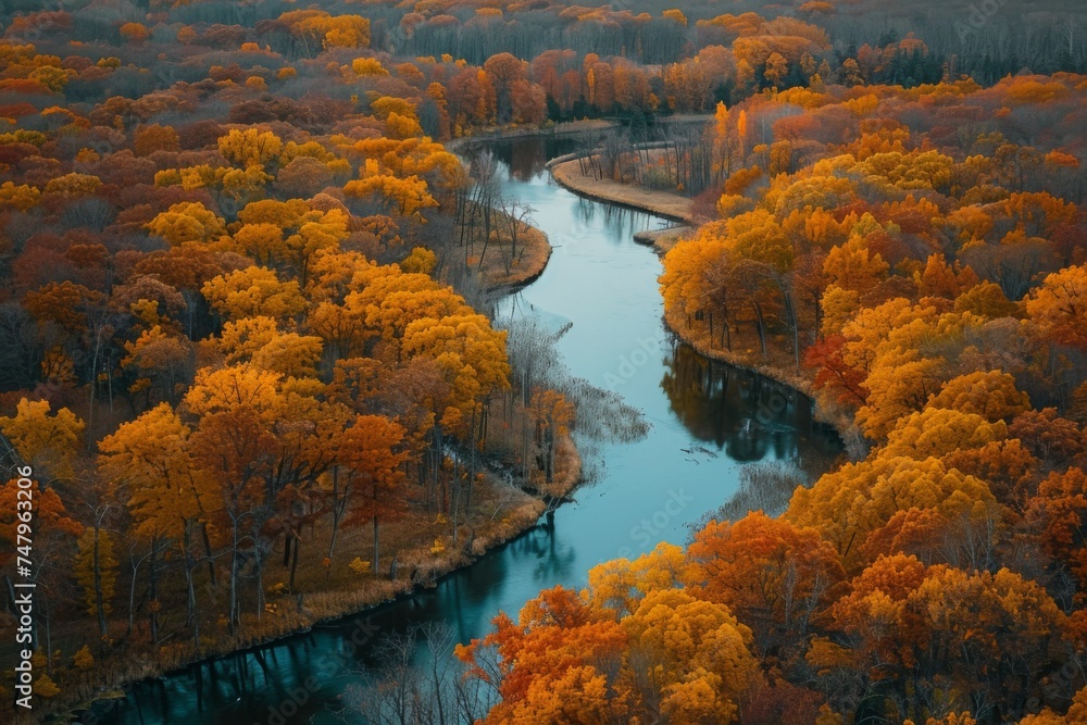 Serene Autumn River Winding Through Vibrant Forest

