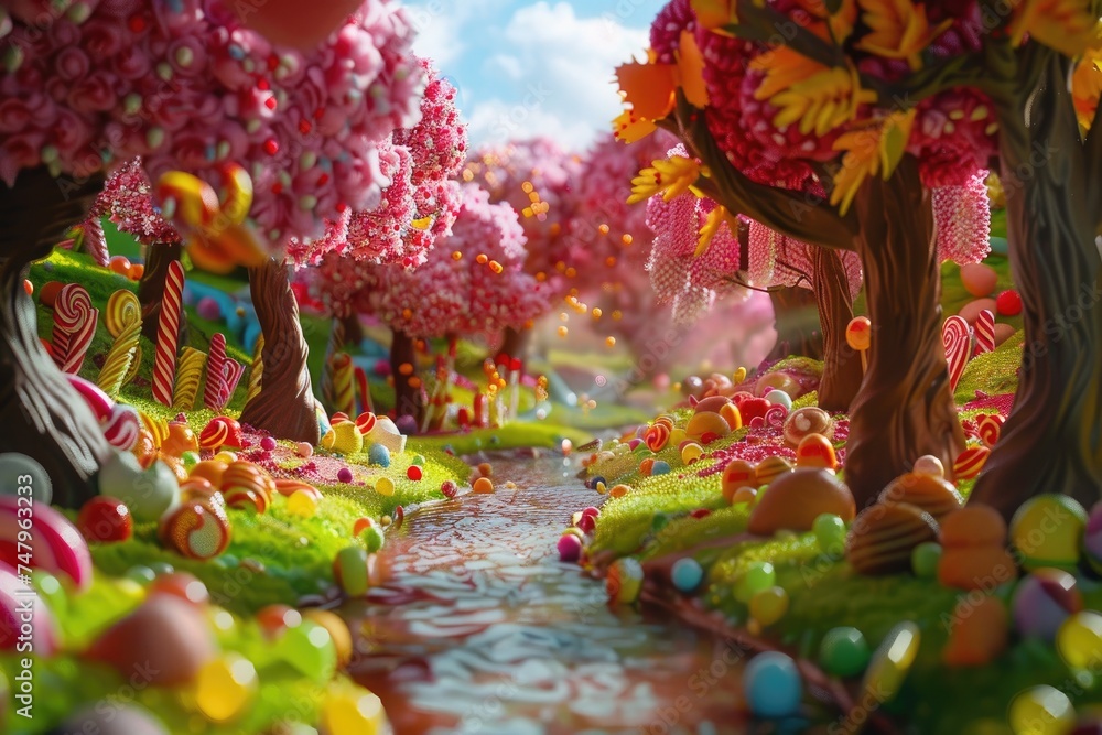 A fantastical landscape where a river of glossy, flowing chocolate winds through a land of candy trees with leaves of various sweets and lollipops. 