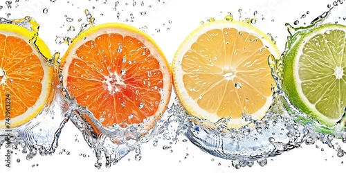 Citruses in water with water drops on a white background, orange, grapefruit, lemons, vitamin c, wallpaper.