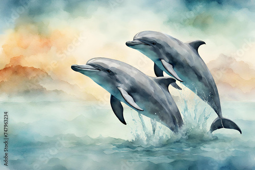 watercolor style painting of dolphins © superbphoto95