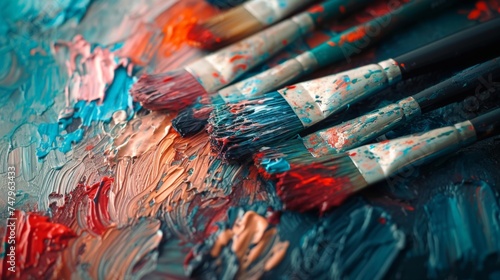 Various paint brushes on paper with colorful paint strokes, artistic tools for creative painting and design projects photo
