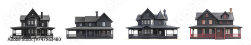 Old black wood house collection isolated on a white background. Antique vintage house set. Wooden two story house with porch. Victorian, Edwardian, historical. Abandoned mansion. Rural house. © ana