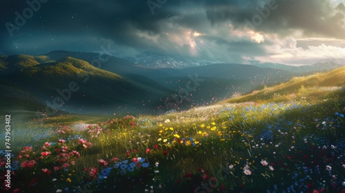 A fantasy-inspired scene, with a wildflower meadow glowing under the moonlight, and the hills casting long shadows, adding a touch of mystery. 8k © Muhammad