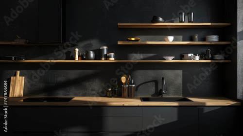 Wooden black scandinavian kitchen storage organization. Perfect open shelves in dark modern kitchen. Generative AI