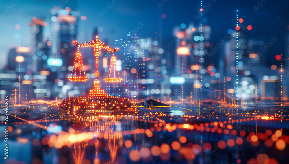 Fototapeta premium City Night View with Blurred Lights and Skyline, Urban Landscape and Illuminated Towers