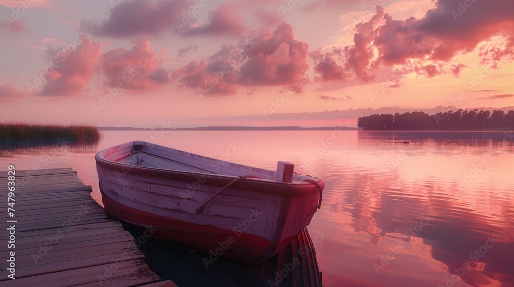 A fishing boat moored at a quiet dock, the sunset sky reflecting in the still water around it, with the warm light illuminating the boat and the surrounding landscape in a soft glow. 8k