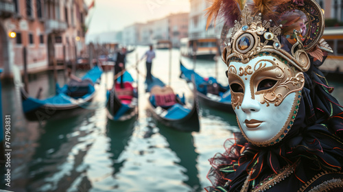 Person wearing a Venetian jester mask in foreground with iconic canal view, symbolizing Venice tourism and culture. © henjon