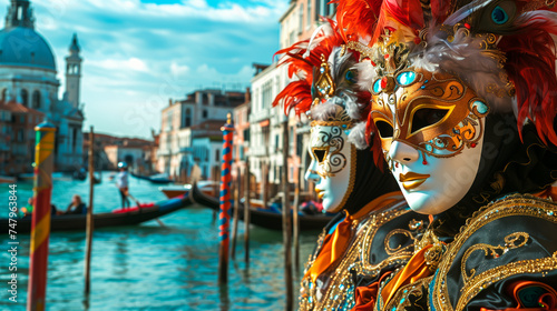 Person wearing a Venetian jester mask in foreground with iconic canal view, symbolizing Venice tourism and culture. © henjon
