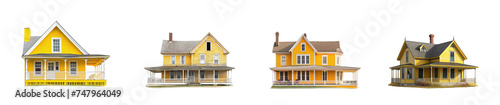 Old yellow wood house collection isolated on a white background. Antique vintage house set. Wooden two story house with porch. Victorian, Edwardian, historical. Abandoned mansion. Rural house.