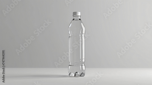 Transparent clear plastic water bottle on a isolated light grey background, space for text. 