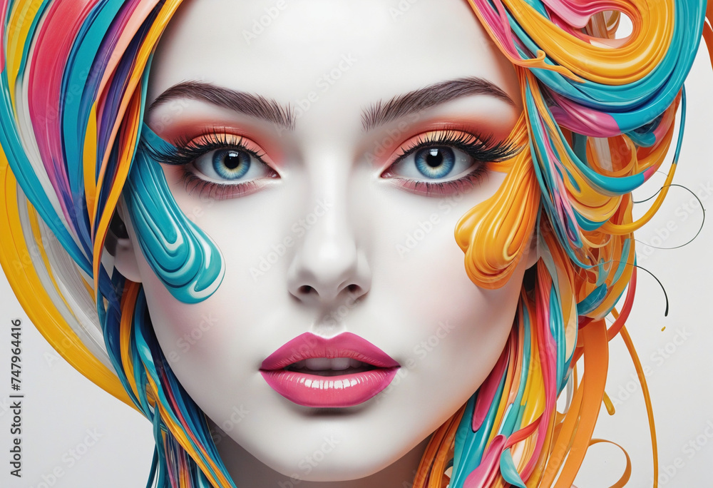 abstract concept of a futuristic woman's face with colorful swirls isolated on a transparent background