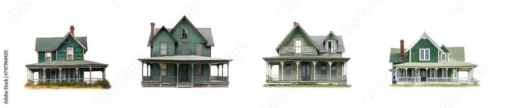 Old green wood house collection isolated on a white background. Antique vintage house set. Wooden two story house with porch. Victorian, Edwardian, historical. Abandoned mansion. Rural house. Old green wood house collection isolated on a white background. Antique vintage house set. Wooden two story house with porch. Victorian, Edwardian, historical. Abandoned mansion. Rural house.