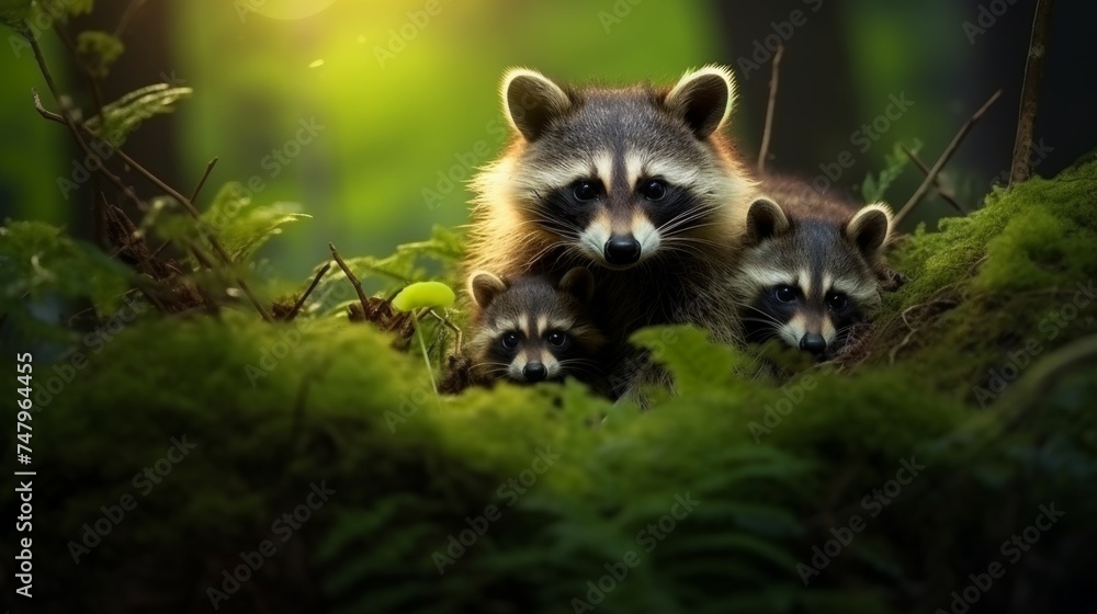 Raccoon family in forest habitat with blurred background for wildlife enthusiasts