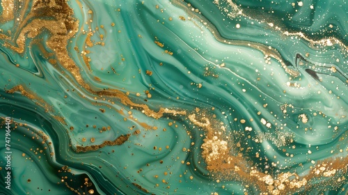 Elegant swirls of emerald and gold creating an opulent dance of color and texture photo