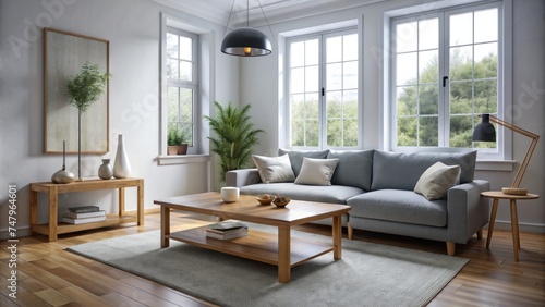 Interior of light living room with grey sofa, wooden coffee table and big window