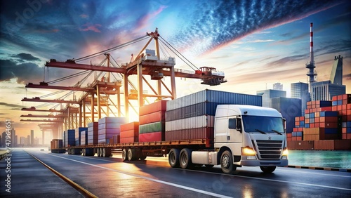 Container truck in ship port for business Logistics