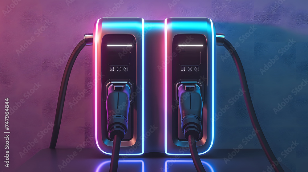 Electric car charging station with blue and pink neon lights, Electric car charging station with blue and pink neon lights,