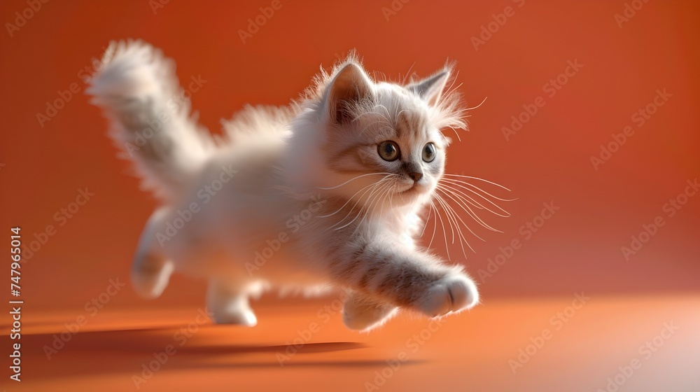 Playful Kitten Running on Orange Background