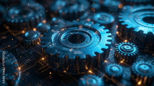 A series of interconnected gears in motion each representing a different step in the funding process from initial pitch to due diligence to deal closing. Around the gears