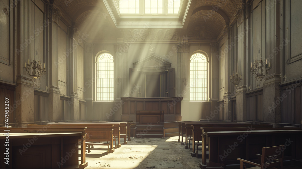 A majestic historical courtroom is bathed in the ethereal light streaming through its tall windows, highlighting the solemnity and grandeur of the judicial system. - obrazy, fototapety, plakaty 