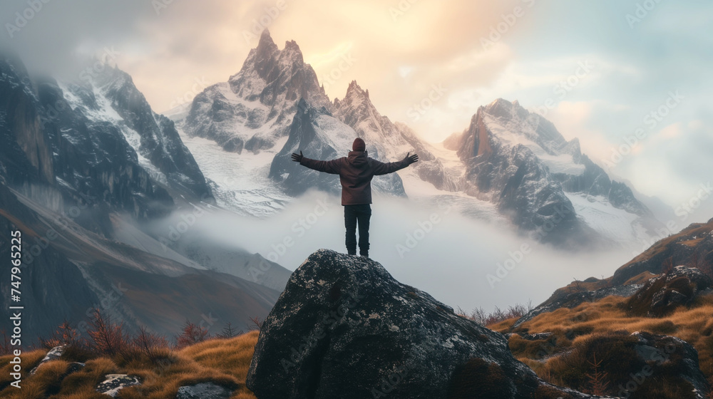 A lone figure stands on a rock with arms spread wide, taking in the sunrise over a rugged mountainous landscape.