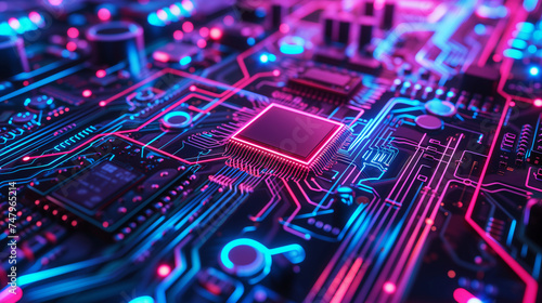 Macro shot of a high-tech circuit board with dynamic blue and pink lighting, symbolizing sophisticated electronics.