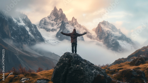 A lone figure stands on a rock with arms spread wide  taking in the sunrise over a rugged mountainous landscape.