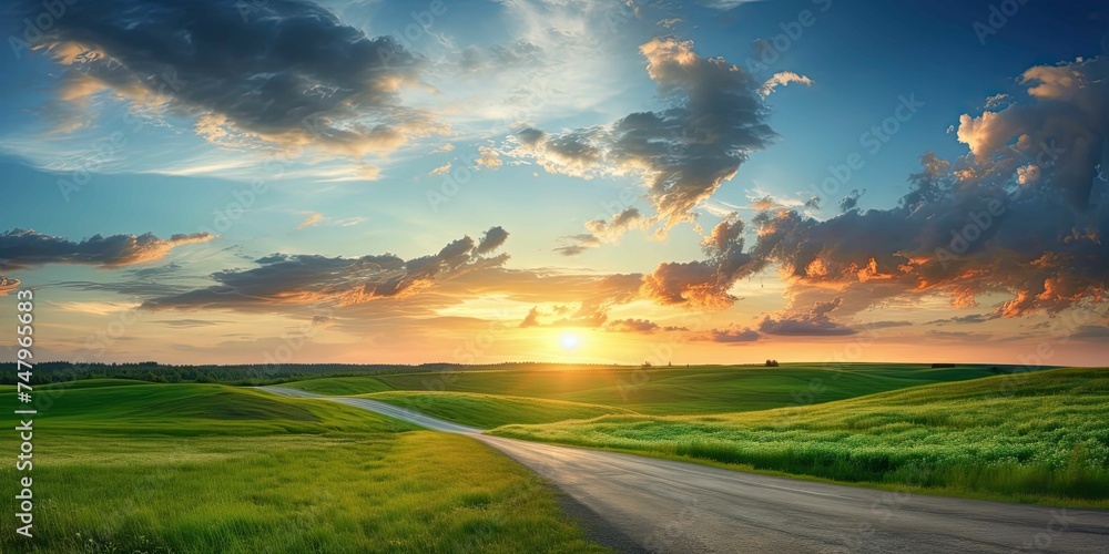 asphalt road through the green field and clouds on blue sky in summer day