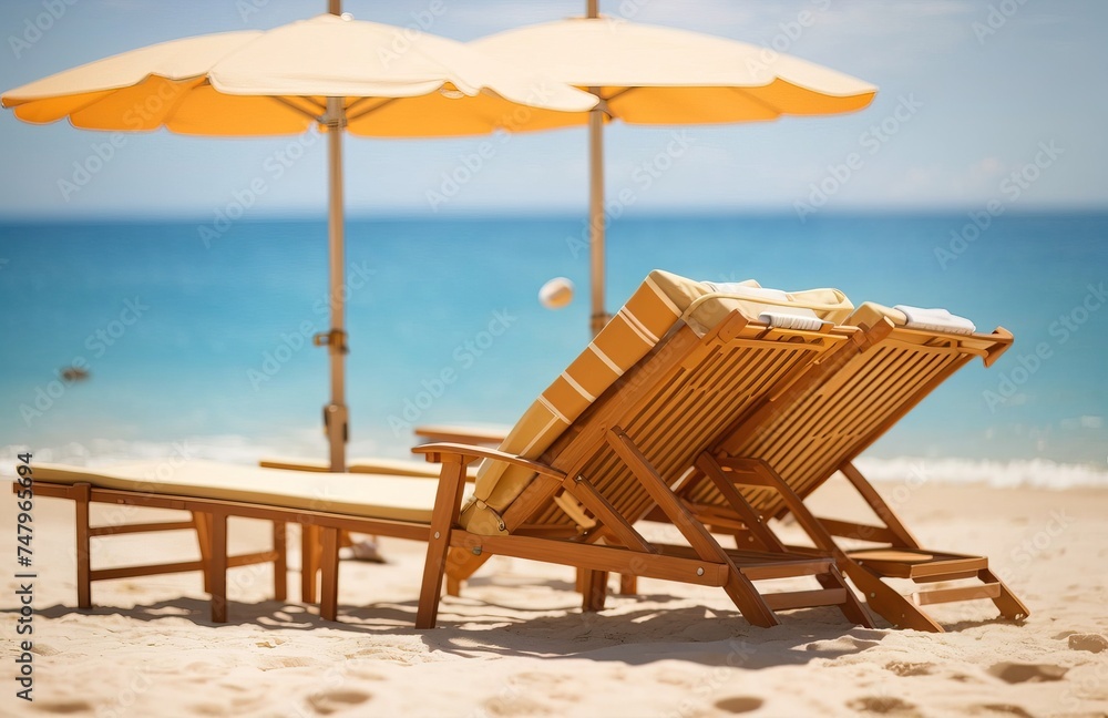 Lounge chairs with sun umbrellas on the beach