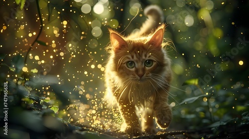 Cat Walking in Golden Autumn Forest with Flashing Lights