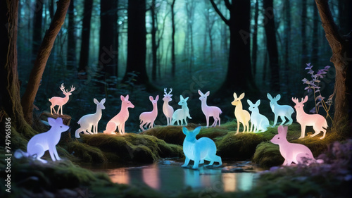 Animals standing in a magical forest, artistic painting, generative AI

