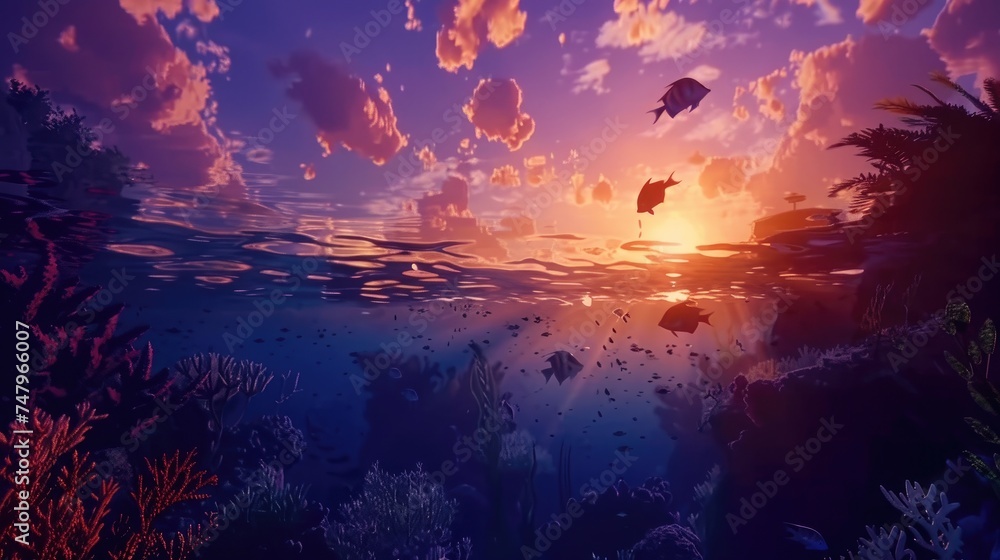 A lively coral reef scene at dusk, with the fading sunlight casting a gentle glow over the reef and silhouettes of fish swimming above, capturing the tranquil yet vibrant life beneath the waves. 8k A lively coral reef scene at dusk, with the fading sunlight casting a gentle glow over the reef and silhouettes of fish swimming above, capturing the tranquil yet vibrant life beneath the waves. 8k