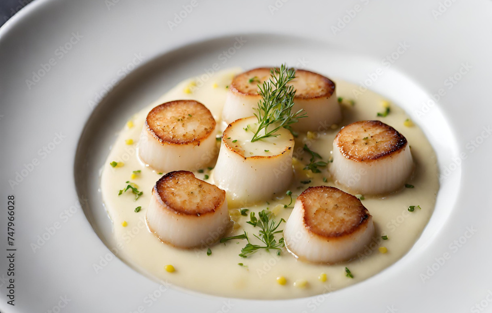 Grilled scallops with creamy lemon spicy sauce and herbs on black background