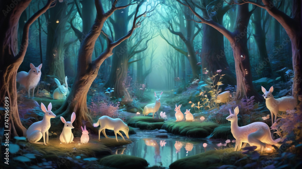 Animals standing in a magical forest, artistic painting, generative AI

 - obrazy, fototapety, plakaty 