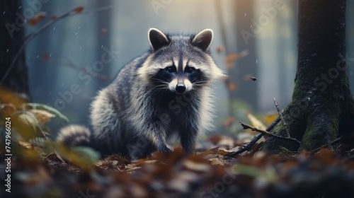 Raccoon in natural habitat, blurred background, copy space, wildlife and nature concept
