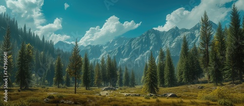 A painting depicting a majestic pine forest with towering mountains in the background under a clear blue sky during the daytime.
