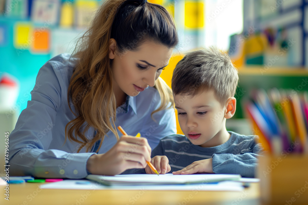 Female Teacher helping elementary school first grader with writing Female Teacher helping elementary school first grader with writing